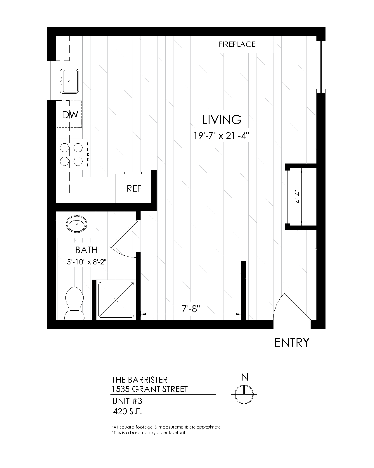 Floor plan for studio, 1 bath, 420 sqft